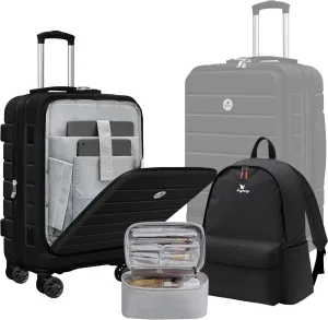 Classic 20" Carry-On Luggage Set with TSA Lock Spinner Wheels, Lightweight Hardside Expandable Suitcase with Front Open Pocket Compartment, Bonus Travel Backpack and Makeup Bag, Black