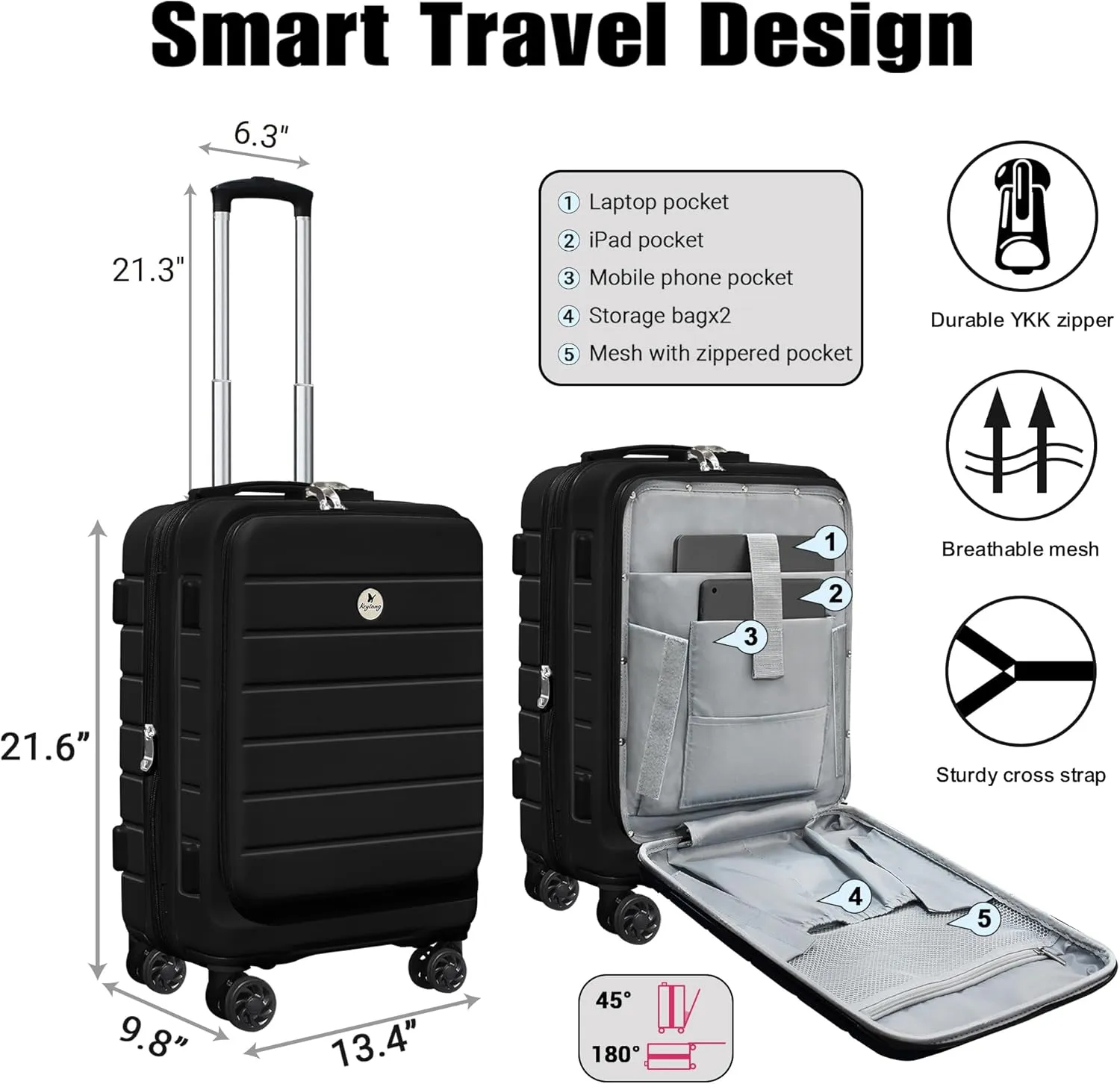 Classic 20" Carry-On Luggage Set with TSA Lock Spinner Wheels, Lightweight Hardside Expandable Suitcase with Front Open Pocket Compartment, Bonus Travel Backpack and Makeup Bag, Black