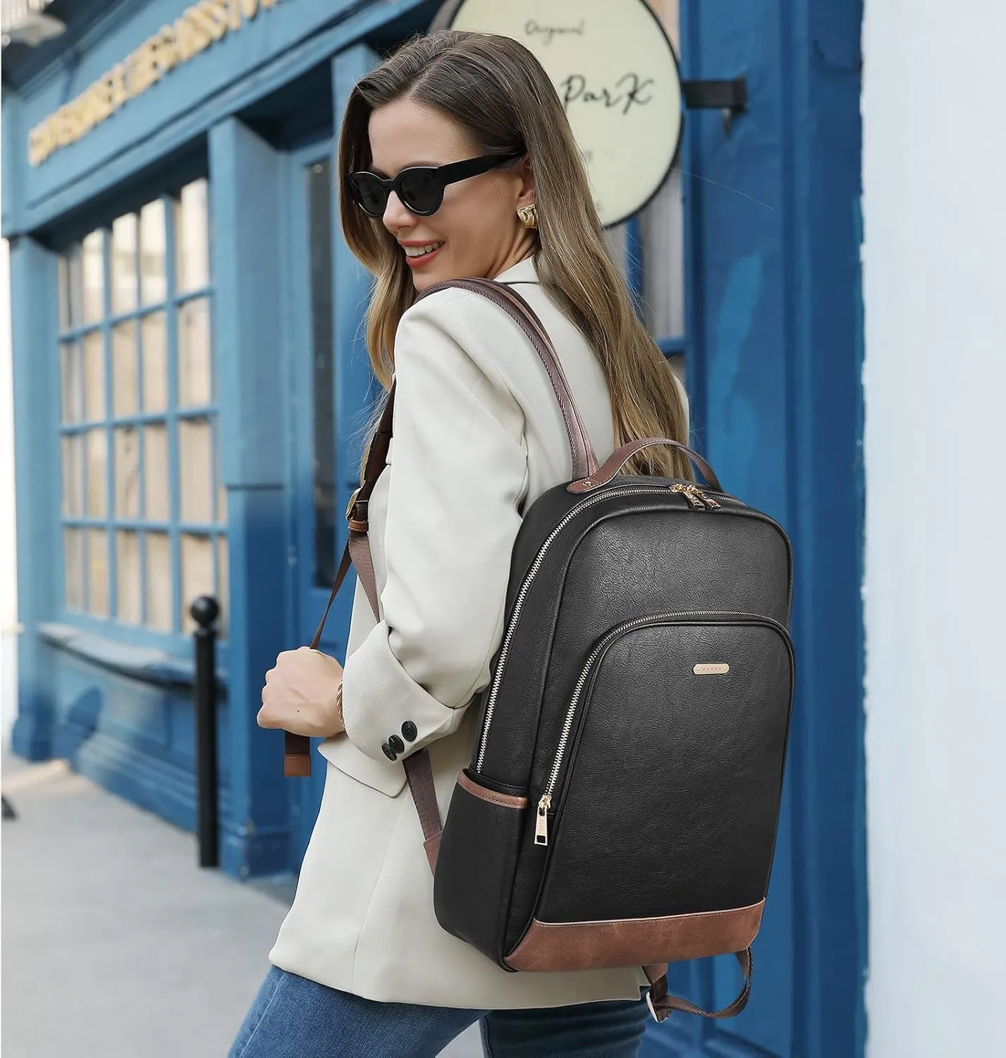 CLUCI Leather Backpack for Women 15.6 inch Laptop Backpack Purse Computer Backpack for Travel Airplane Casual Daypack Beige with Brown