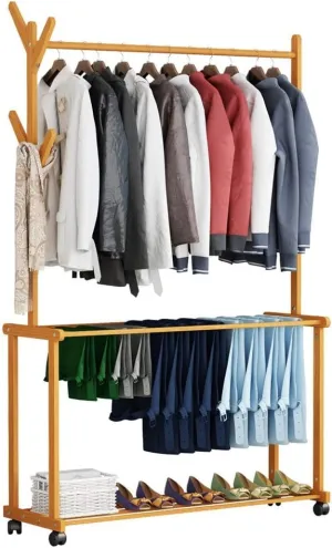 Coat Rack, Garment Rail Clothes Stand,Coat Rack Trouser Rack Multi-Functional Coat Rack Clothes Rack Removable Bamboo Pants Rack Floor-Standing Display Stand Wheeled Hanger For Balcony Bedroom Clothin