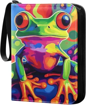 Colorful Cartoon Frog Cards Binder 4 Pocket Fits 400 Cards with 50 Removable Sleevesves, Trading Card Collector Zipper Album Holder Portable Card Games Display Storage Cases