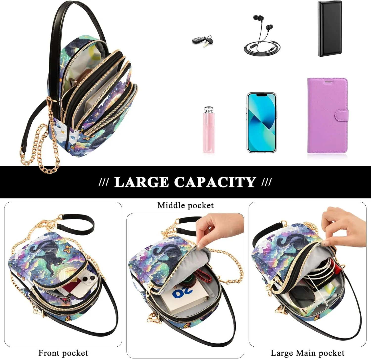 Colorful Cloud Cat Butterflies Purse Bags for Women Cell Phone Bags