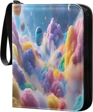 Colorful Clouds with Planets Bubbles Floating Cards Binder 4 Pocket Fits 400 Cards with 50 Removable Sleevesves, Trading Card Collector Zipper Album Holder Portable Card Games Display Storage Cases