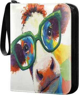 Colorful Cow Oil Painting Cards Binder 4 Pocket Fits 400 Cards with 50 Removable Sleevesves, Trading Card Collector Zipper Album Holder Portable Card Games Display Storage Cases