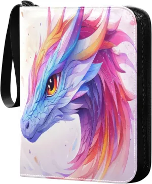 Colorful Cute Dragon Cards Binder 4 Pocket Fits 400 Cards with 50 Removable Sleevesves, Trading Card Collector Zipper Album Holder Portable Card Games Display Storage Cases