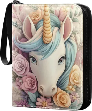 Colorful Cute Unicorn Head Flowers Cards Binder 4 Pocket Fits 400 Cards with 50 Removable Sleevesves, Trading Card Collector Zipper Album Holder Portable Card Games Display Storage Cases