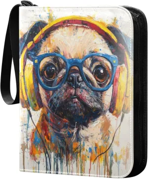 Colorful Dog Wearing Blue Glasses Cards Binder 4 Pocket Fits 400 Cards with 50 Removable Sleevesves, Trading Card Collector Zipper Album Holder Portable Card Games Display Storage Cases