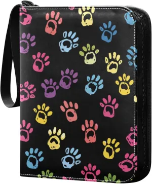 Colorful Doodle Paw Print Card Binder 4 Pocket Trading Card Binder Portable Cards Collection Book with Zipper