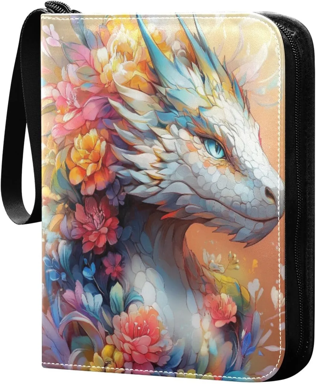 Colorful Dragon Head with Flowers Cards Binder 4 Pocket Fits 400 Cards with 50 Removable Sleevesves, Trading Card Collector Zipper Album Holder Portable Card Games Display Storage Cases