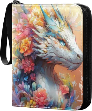 Colorful Dragon Head with Flowers Cards Binder 4 Pocket Fits 400 Cards with 50 Removable Sleevesves, Trading Card Collector Zipper Album Holder Portable Card Games Display Storage Cases