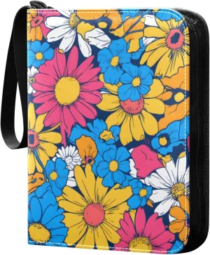 Colorful Flowers Card Binder 4 Pocket Trading Card Binder Portable Cards Collection Book with Zipper