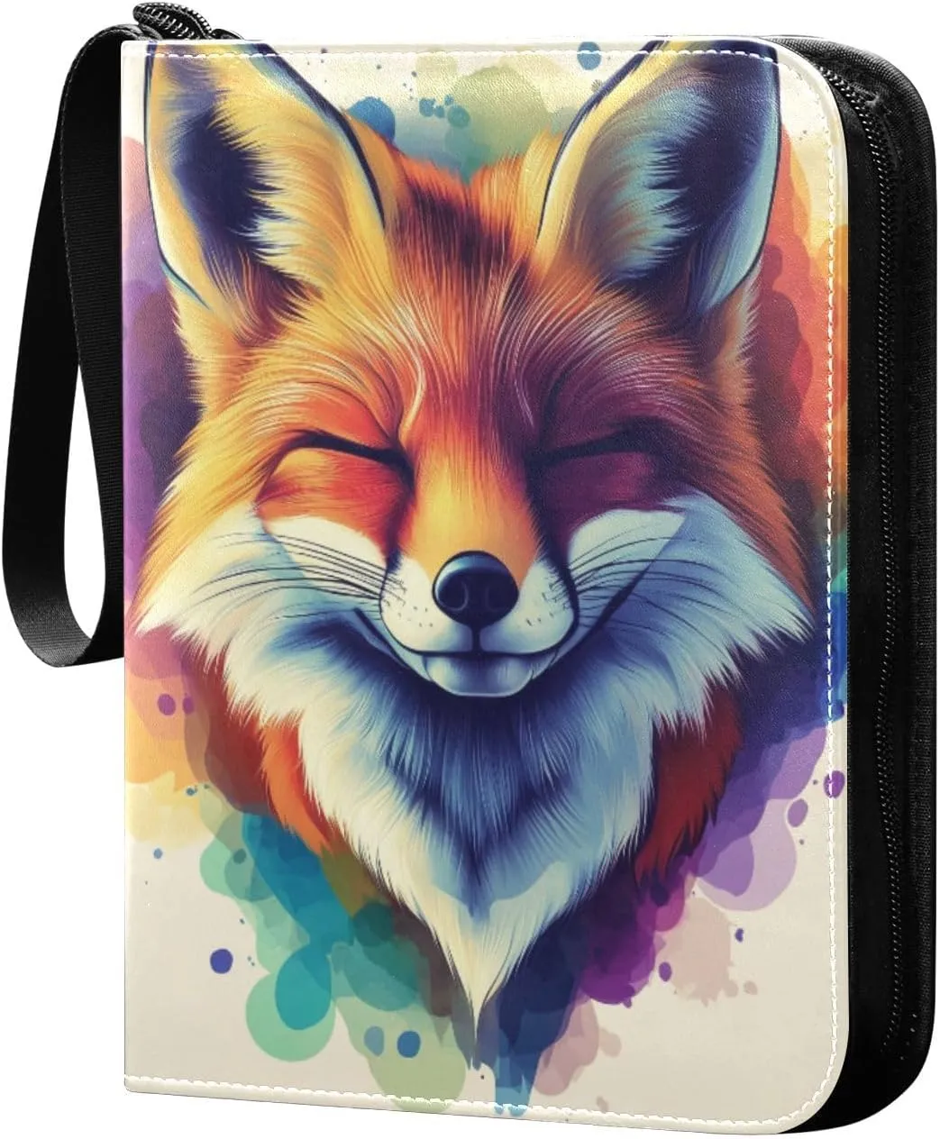Colorful Fox Closed Eyes Cards Binder 4 Pocket Fits 400 Cards with 50 Removable Sleevesves, Trading Card Collector Zipper Album Holder Portable Card Games Display Storage Cases
