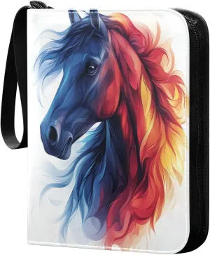 Colorful Horse Head Watercolor Cards Binder 4 Pocket Fits 400 Cards with 50 Removable Sleevesves, Trading Card Collector Zipper Album Holder Portable Card Games Display Storage Cases