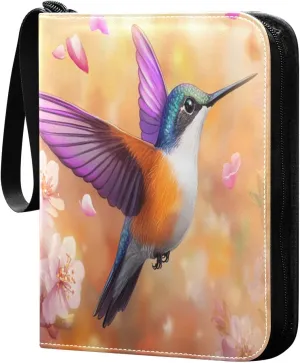 Colorful Hummingbird Flying Cards Binder 4 Pocket Fits 400 Cards with 50 Removable Sleevesves, Trading Card Collector Zipper Album Holder Portable Card Games Display Storage Cases