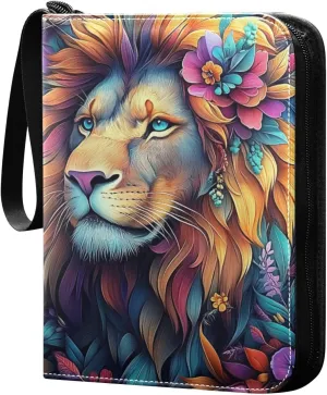 Colorful Lion with Floral Cards Binder 4 Pocket Fits 400 Cards with 50 Removable Sleevesves, Trading Card Collector Zipper Album Holder Portable Card Games Display Storage Cases
