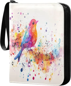 Colorful Music Notes and Bird Cards Binder 4 Pocket Fits 400 Cards with 50 Removable Sleevesves, Trading Card Collector Zipper Album Holder Portable Card Games Display Storage Cases