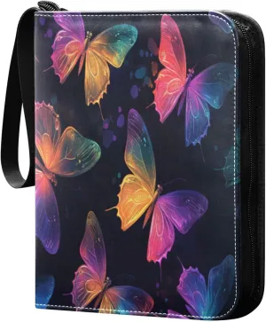 Colorful Neon Butterflies Cards Binder 4 Pocket Fits 400 Cards with 50 Removable Sleevesves, Trading Card Collector Zipper Album Holder Portable Card Games Display Storage Cases
