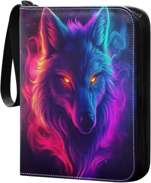 Colorful Neon Wolf Head Cards Binder 4 Pocket Fits 400 Cards with 50 Removable Sleevesves, Trading Card Collector Zipper Album Holder Portable Card Games Display Storage Cases