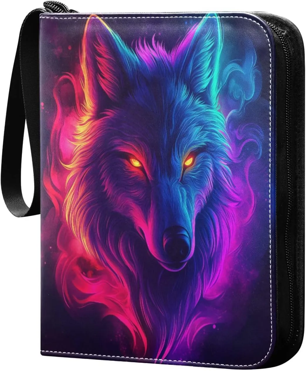 Colorful Neon Wolf Head Cards Binder 4 Pocket Fits 400 Cards with 50 Removable Sleevesves, Trading Card Collector Zipper Album Holder Portable Card Games Display Storage Cases