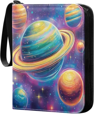 Colorful Planets Stars Cards Binder 4 Pocket Fits 400 Cards with 50 Removable Sleevesves, Trading Card Collector Zipper Album Holder Portable Card Games Display Storage Cases