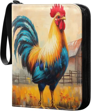 Colorful Rooster Standing Cards Binder 4 Pocket Fits 400 Cards with 50 Removable Sleevesves, Trading Card Collector Zipper Album Holder Portable Card Games Display Storage Cases