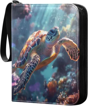 Colorful Sea Turtle Coral Reefs Cards Binder 4 Pocket Fits 400 Cards with 50 Removable Sleevesves, Trading Card Collector Zipper Album Holder Portable Card Games Display Storage Cases