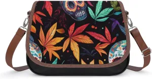 Colorful Skull Weed Plants Crossbody Bags PU Leather Purses Shoulder Handbag with Adjustable Shoulder Strap