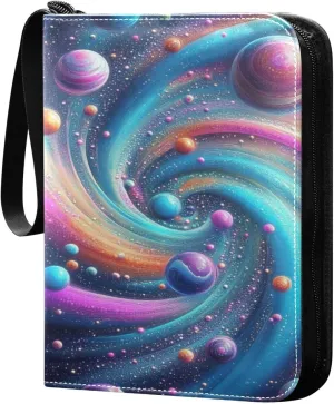 Colorful Swirling Planets Cards Binder 4 Pocket Fits 400 Cards with 50 Removable Sleevesves, Trading Card Collector Zipper Album Holder Portable Card Games Display Storage Cases