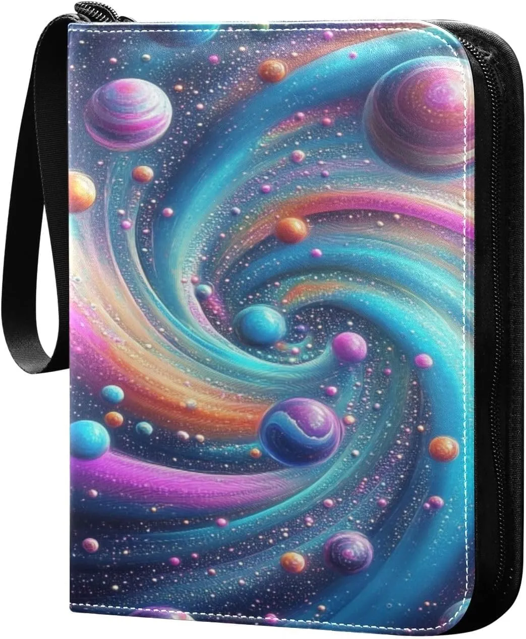 Colorful Swirling Planets Cards Binder 4 Pocket Fits 400 Cards with 50 Removable Sleevesves, Trading Card Collector Zipper Album Holder Portable Card Games Display Storage Cases