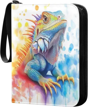 Colorful Watercolor Bearded Dragon Cards Binder 4 Pocket Fits 400 Cards with 50 Removable Sleevesves, Trading Card Collector Zipper Album Holder Portable Card Games Display Storage Cases