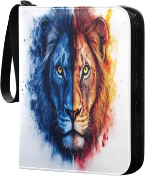 Colorful Watercolor Lion Cards Binder 4 Pocket Fits 400 Cards with 50 Removable Sleevesves, Trading Card Collector Zipper Album Holder Portable Card Games Display Storage Cases