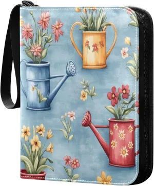 Colorful Watering Cans and Flower Pots Cards Binder 4 Pocket Fits 400 Cards with 50 Removable Sleevesves, Trading Card Collector Zipper Album Holder Portable Card Games Display Storage Cases