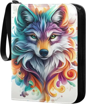 Colorful Wolf Head Cards Binder 4 Pocket Fits 400 Cards with 50 Removable Sleevesves, Trading Card Collector Zipper Album Holder Portable Card Games Display Storage Cases