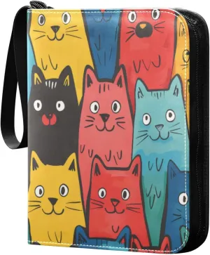 Comic Cats Colorful Card Binder 4 Pocket Trading Card Album Fits 400 Sports/Game Cards, PU Cover 3 Ring Card Collection with 50 Removable Sleeves