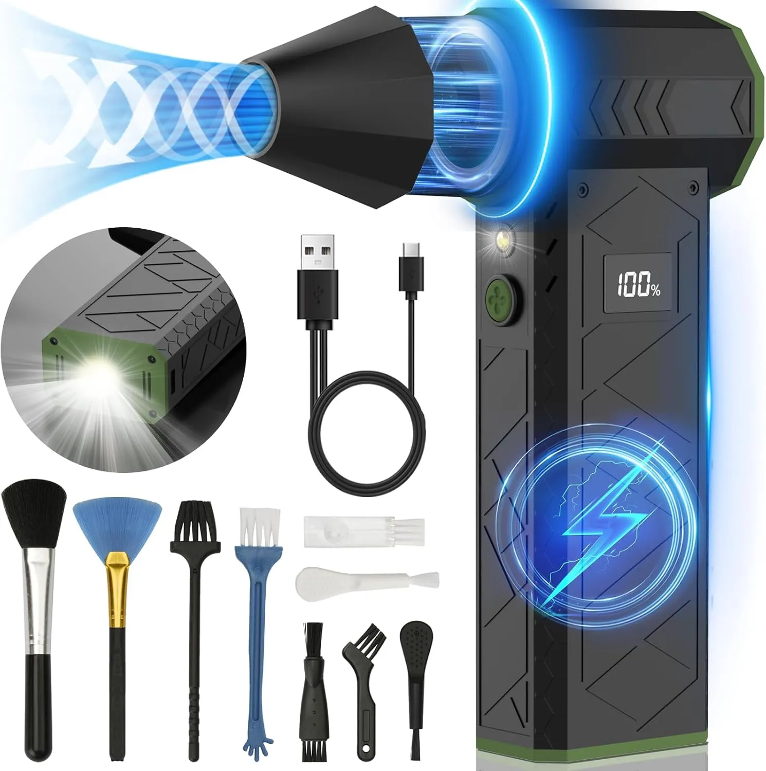 Compressed Air Duster with Flashlight, 180000RPM Electric Air Duster with 4 Gear, 10000mAh Rechargeable Air Blower with LED Light, Air Duster for Car, Computer, Keyboard, Outdoors, Home (Green)