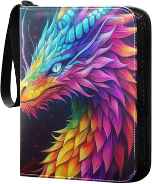 Cool Colorful Dragon Cards Binder 4 Pocket Fits 400 Cards with 50 Removable Sleevesves, Trading Card Collector Zipper Album Holder Portable Card Games Display Storage Cases