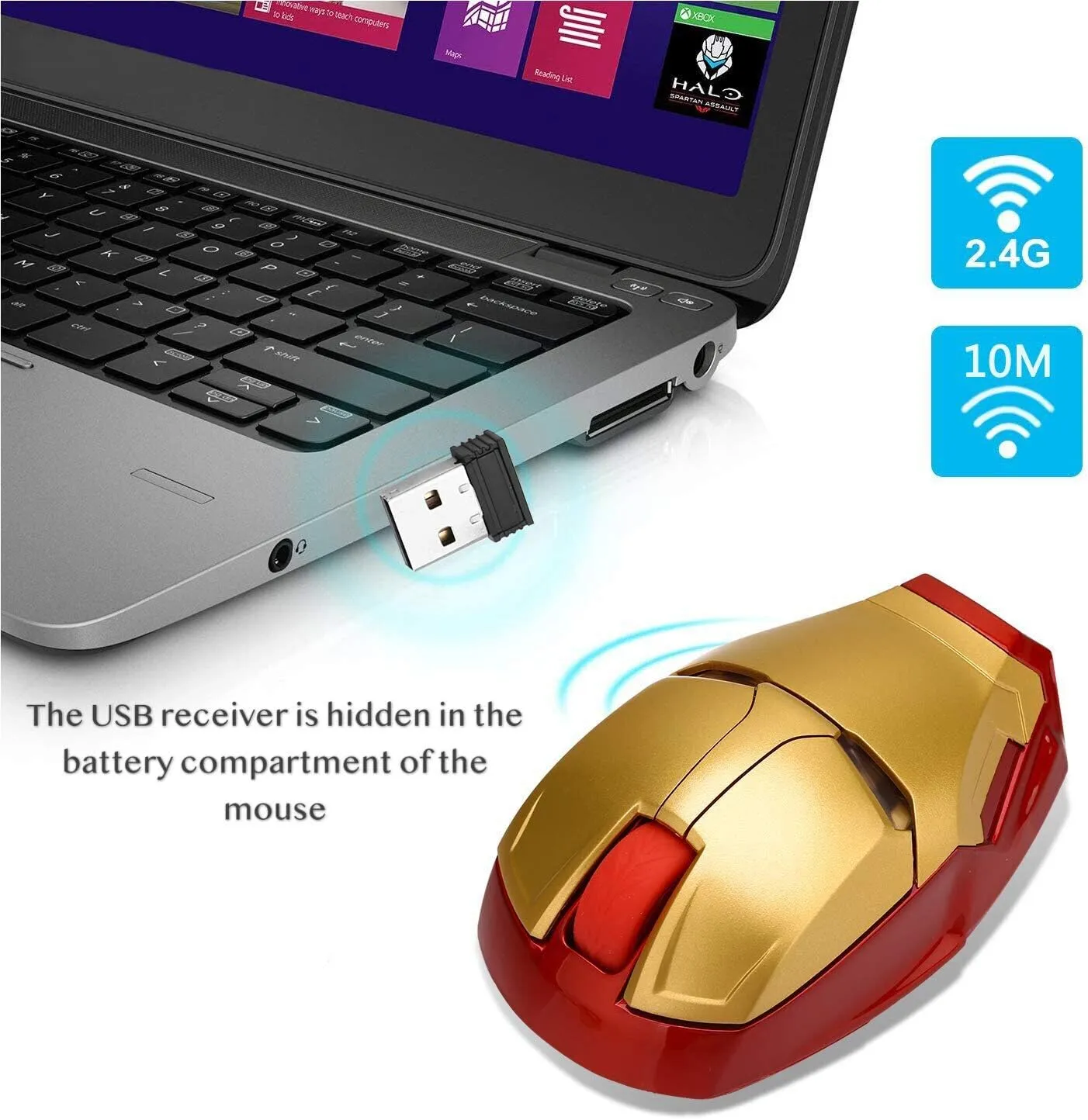 Cool Wireless Mouse, 2.4 G Portable Ergonomic Optical Ironman Wireless Mouse with USB Receiver | for Notebook PC Laptop Computer MacBook | with 8G USB Flash Drive | 3 Adjustment Levels