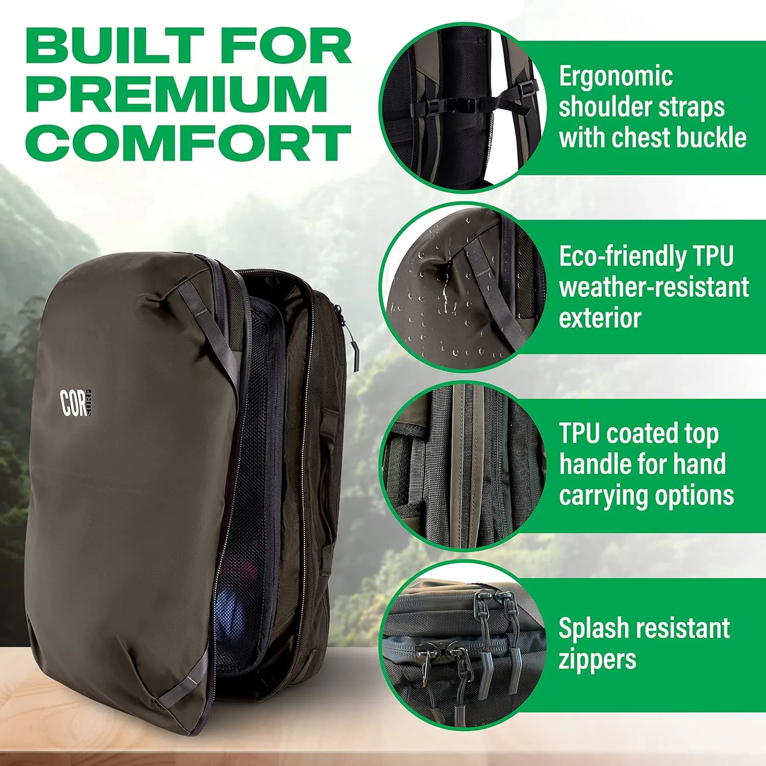 COR Surf Travel Backpack Flight Approved Carry On Laptop Backpack with Secret Passport Pockets | Large Daypack Business Weekender Luggage Backpack for Men Women The Island Hopper (38L Black)