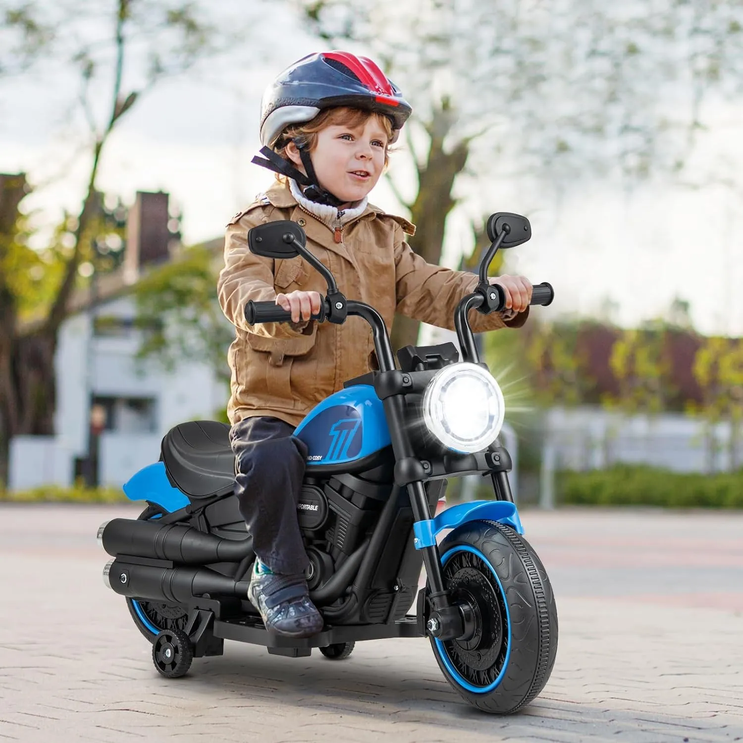Costzon Toddler Motorcycle, 6V Battery Powered Electric Motorcycle with Detachable Training Wheels, Soft Start, Headlights & Music, Kids Motorcycle Ride on Toy for Toddlers Boys 18  Months (Blue)