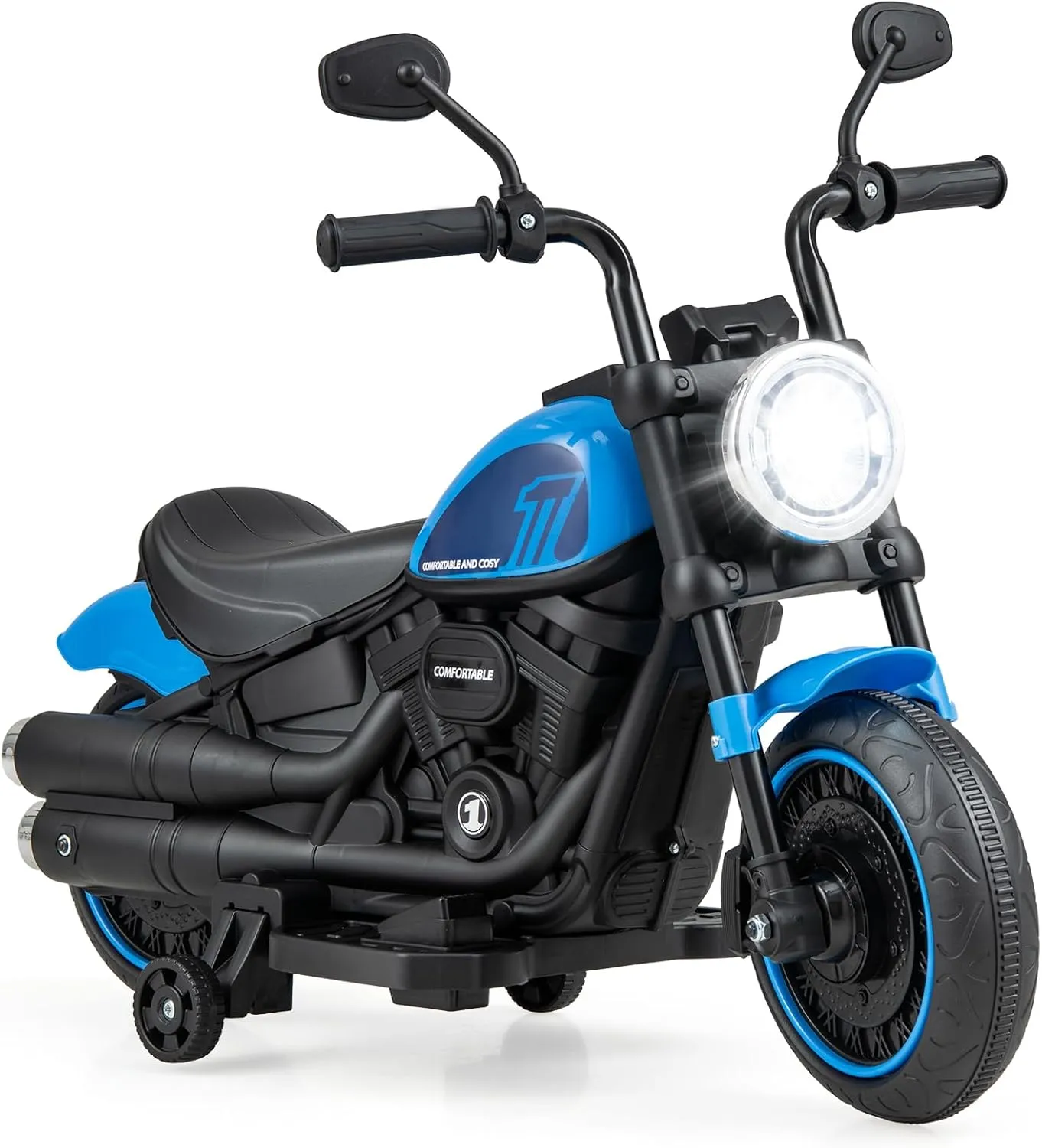 Costzon Toddler Motorcycle, 6V Battery Powered Electric Motorcycle with Detachable Training Wheels, Soft Start, Headlights & Music, Kids Motorcycle Ride on Toy for Toddlers Boys 18  Months (Blue)