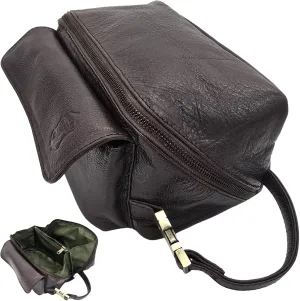 Coyote Bay® Premium Full Grain Leather Soft Toiletry Bag 9 Inch, Travel Organizer Pouch, Shaving Kit, Cosmetics Makeup Bathroom Organizer Dopp Kit