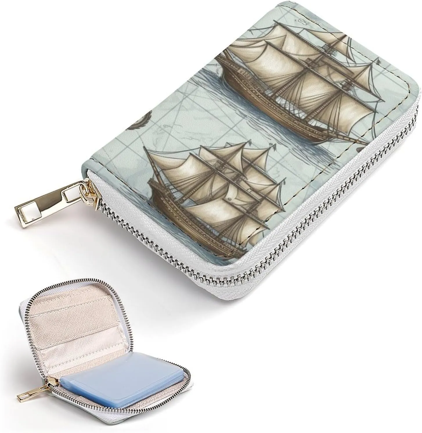 Credit Card Wallet,Boat Map Card Cases Holder Credit Card Holder Wallet with Card Slots Coin Cash Zipper Purse Case Wallet