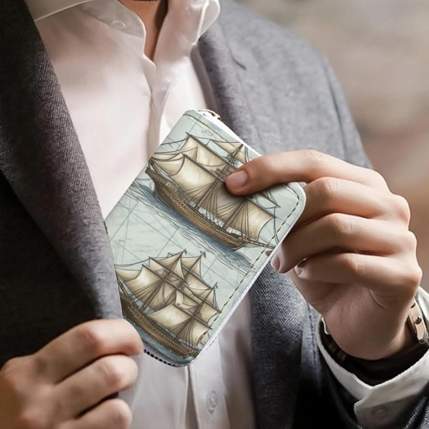 Credit Card Wallet,Boat Map Card Cases Holder Credit Card Holder Wallet with Card Slots Coin Cash Zipper Purse Case Wallet