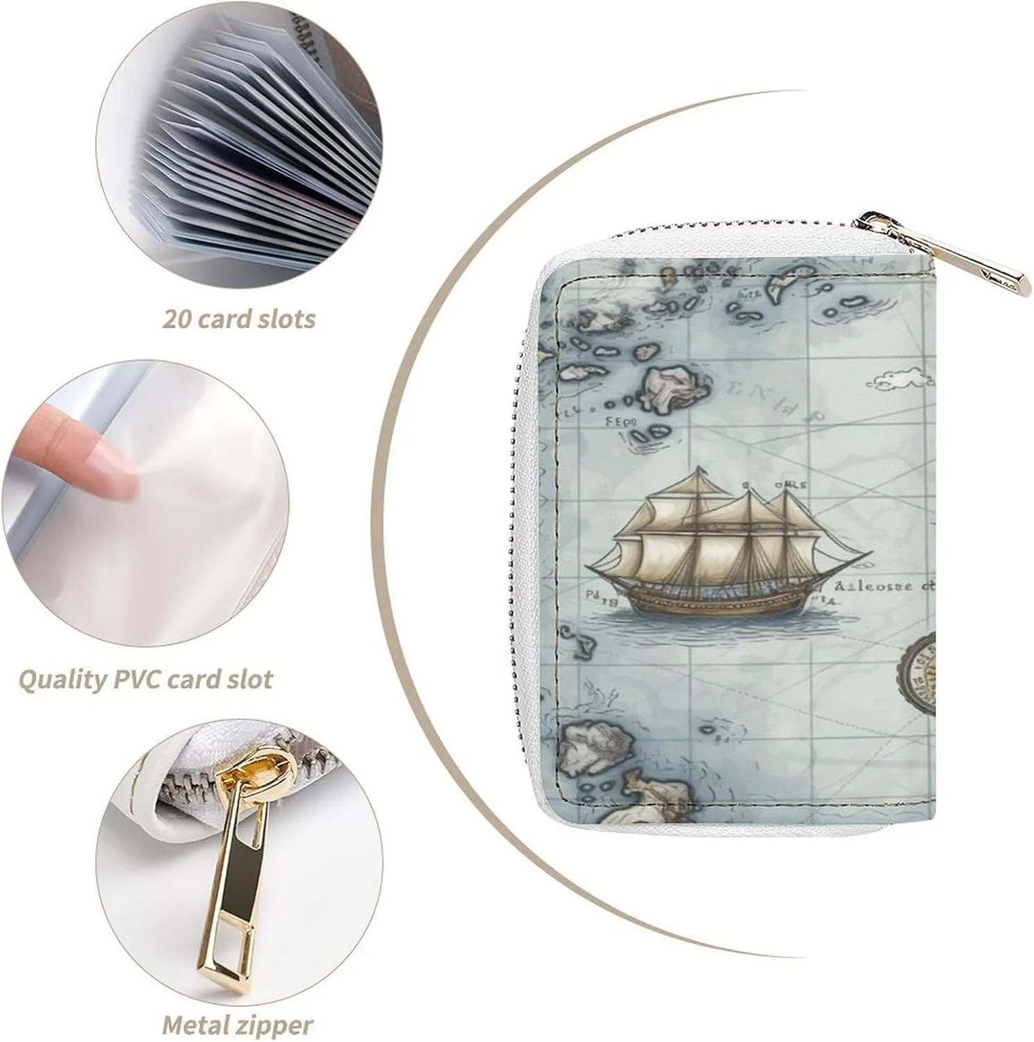 Credit Card Wallet,Boat Map Card Cases Holder Credit Card Holder Wallet with Card Slots Coin Cash Zipper Purse Case Wallet
