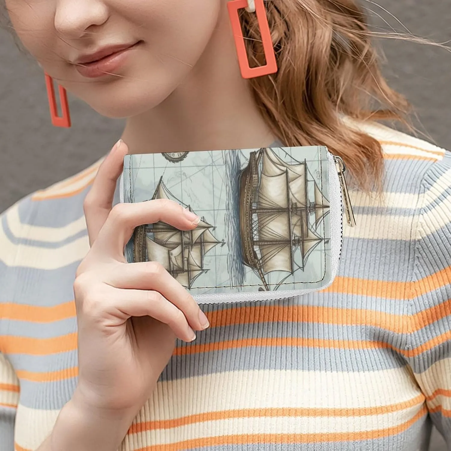 Credit Card Wallet,Boat Map Card Cases Holder Credit Card Holder Wallet with Card Slots Coin Cash Zipper Purse Case Wallet