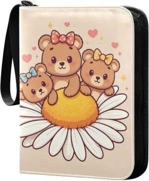 Cute Bears on Daisy Card Binder 4 Pocket Trading Card Album Fits 400 Sports/Game Cards, PU Cover 3 Ring Card Collection with 50 Removable Sleeves