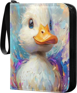 Cute Duck Colorful Paint Splashes Cards Binder 4 Pocket Fits 400 Cards with 50 Removable Sleevesves, Trading Card Collector Zipper Album Holder Portable Card Games Display Storage Cases