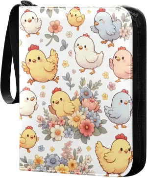 Cute Floral Cartoon Chickens Card Binder 4 Pocket Trading Card Album Fits 400 Sports/Game Cards, PU Cover 3 Ring Card Collection with 50 Removable Sleeves