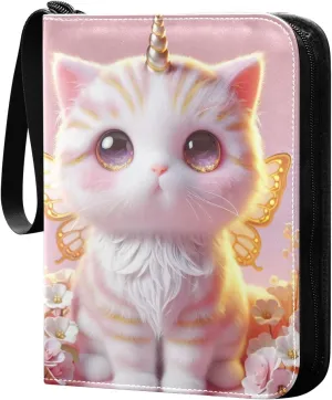 Cute Pink Cat Card Binder 4 Pocket Trading Card Album Fits 400 Sports/Game Cards, PU Cover 3 Ring Card Collection with 50 Removable Sleeves