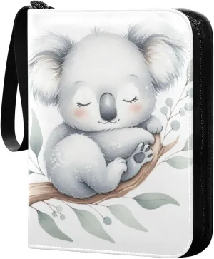 Cute Sleeping Koala Card Binder 4 Pocket Trading Card Album Fits 400 Sports/Game Cards, PU Cover 3 Ring Card Collection with 50 Removable Sleeves